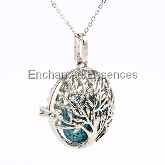 Flat Round Tree Metal Locket Aroma Jewelry -Blue Stone